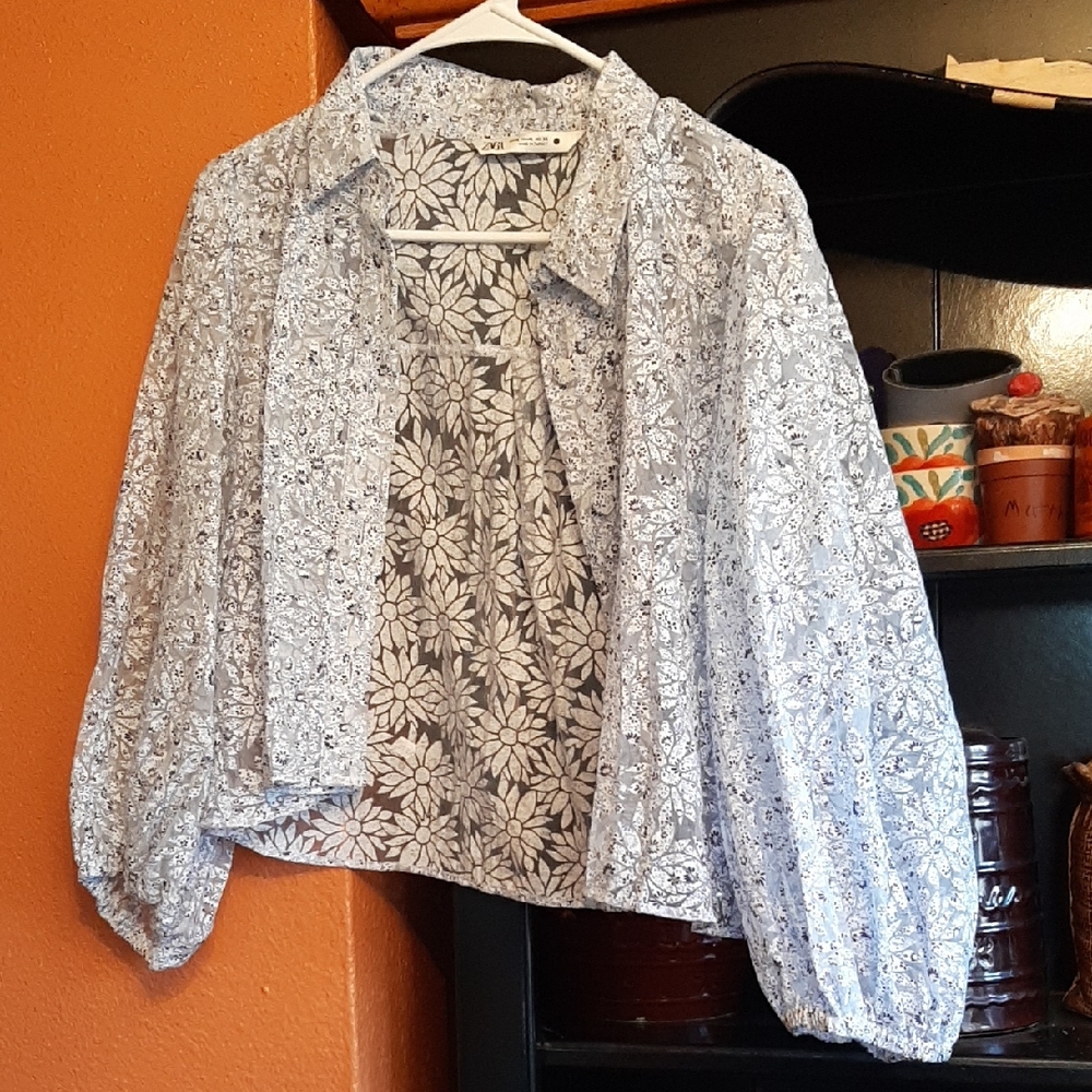 Zara Blue Floral Cropped Sheer Blouse XL